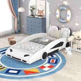 Twin Size Race Car-Shaped Platform Bed with Wheels, White (Color: as Pic)