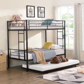 Over Twin Bunk Bed Frame with Trundle, Metal Bunkbed with Sturdy Guard Rail and 2 side Ladders for Kids/Adults, Can be Divided Into Two Beds (Color: Black)