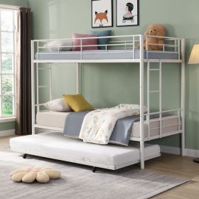 Over Twin Bunk Bed Frame with Trundle, Metal Bunkbed with Sturdy Guard Rail and 2 side Ladders for Kids/Adults, Can be Divided Into Two Beds (Color: White)