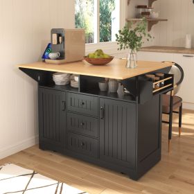 55.7" Large Kitchen Island with 2 Drop Leaf,Rolling Kitchen Cart on 5 Wheels with Power Outlet, Folding Storage Dining Table with Spice & Towel Rack (Material: MDF, Color: Black)