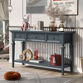 Classic Retro Style Console Table with Three Top Drawers and Open Style Bottom Shelf,Easy Assembly (Material: Solid Wood, Color: Navy)