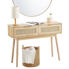 VEVOR Rattan Console Table with 2 Storage Drawers Rattan Sliding Door Natural (Form: Without Shelf, Color: Wood Color)