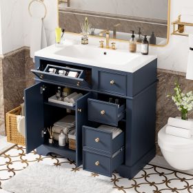 36'' Bathroom Vanity with Resin Sink Combo, Solid Wood Frame Bathroom Storage Cabinet, Freestanding Vanity Set with 3 Drawers& Adjustable Shelf (Material: Solid Wood+MDF+Resin, Color: Blue)