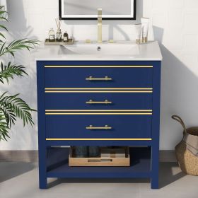 Modern 30 inch Navy Blue/White Bathroom Vanity Cabinet Combo with Open Storage, Two Drawers (Material: Solid Wood+MDF, Color: Blue)