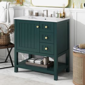 30inch Transitional Style Bathroom Vanity Cabinet Combo with Ceramic Sink (Material: Solid Wood+MDF, Color: Green)