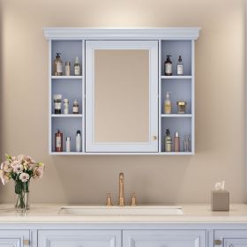 35'' x 28'' Wall Mounted Bathroom Storage Cabinet with Mirror Door, Modern Bathroom Wall Cabinet with Mirror, Medicine Cabinet with 6 Open Shelves (Material: MDF+glass, Color: Blue)