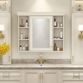 35'' x 28'' Wall Mounted Bathroom Storage Cabinet with Mirror Door, Modern Bathroom Wall Cabinet with Mirror, Medicine Cabinet with 6 Open Shelves (Material: MDF+glass, Color: Beige+Cream)