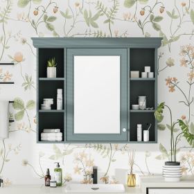 35'' x 28'' Wall Mounted Bathroom Storage Cabinet with Mirror Door, Modern Bathroom Wall Cabinet with Mirror, Medicine Cabinet with 6 Open Shelves (Material: MDF, Color: Blue)