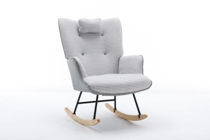 35.5 inch Rocking Chair, Soft Houndstooth Fabric Leather Fabric Rocking Chair for Nursery (Material: Cotton Linen, Color: Light grey)