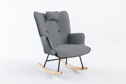 35.5 inch Rocking Chair, Soft Houndstooth Fabric Leather Fabric Rocking Chair for Nursery (Material: Cotton Linen, Color: Black)