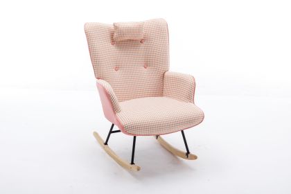 35.5 inch Rocking Chair, Soft Houndstooth Fabric Leather Fabric Rocking Chair for Nursery (Material: Cotton Linen, Color: Pink)