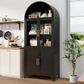 Metal Arched Cabinet, 72.8" Tall Arch Kitchen Cabinet with Glass Doors, Arched Bookcase, Modern Cupboard for Living Room, Office, Dining Room (White) (Color: Black)