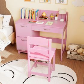 Wooden Kids Study Desk and Chair Set Student Workstation (Color: Pink)