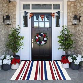 1pc 4th of July Patriotic Door Mat - Blue White Red Striped Welcome Mat with Stars & Stripes Design, Durable Non-Woven Fabric & Rubber Backing (Color: 24 inches x 16 inches)