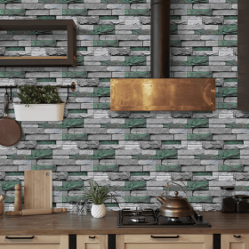 12 Pcs Realistic Green Stone Brick Peel And Stick Wallpaper Removable Self-Adhesive PVC Waterproof And Moisture-Proof Easy Diy Installation For Kitche (PCS: 12FG-L012)