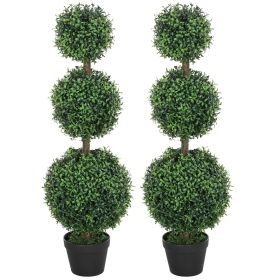 Set of 2 Artificial Ball Boxwood Topiary Trees, Fake Plants in Pot for Indoor Outdoor Living Room Green (Title: Default Title)