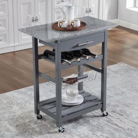 Mobile Rolling Kitchen Island Trolley Serving Cart with Underneath Drawer & Slide-Out Wire Storage Basket (Main Material: Marble+Metal, Main Color: Grey)