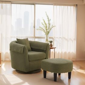 Swivel Accent Chair with Ottoman Set, Modern Chenille Barrel Armchair with Removable Back Pillow & 2 Armrest Covers for Living Room, Bedroom, Off (Main Material: Chenille, Main Color: Green)