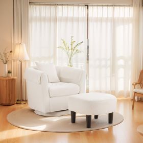 Swivel Accent Chair with Ottoman Set, Modern Chenille Barrel Armchair with Removable Back Pillow & 2 Armrest Covers for Living Room, Bedroom, Off (Main Material: Chenille, Main Color: White)