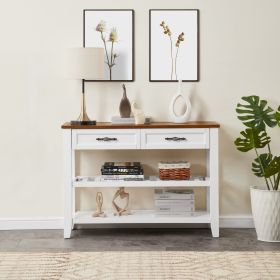 Retro Design Console Table with Two Open Shelves, Pine Solid Wood Frame and Legs for Living Room (Main Material: Wood, Main Color: Brown+White)