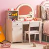 Kids Vanity Table and Chair Set with Shelves Drawer and Cabinet