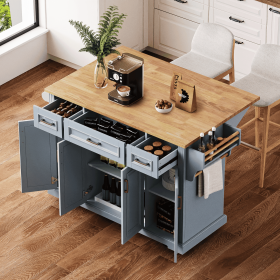 54 inch Large Kitchen Island with Rubber Wood Drop Leaf, Embossed Texture Rolling Kitchen Cart on 4 Wheels with 4 Doors and 3 Drawers (Color: Grey+Blue, Material: MDF,Rubber Wood)